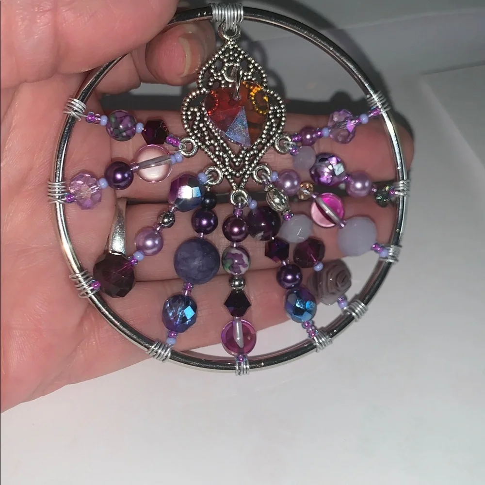 Handcrafted Silver and Purple Beaded Wire Wrapped Ornament with Hear Pendant - Picture 6 of 8